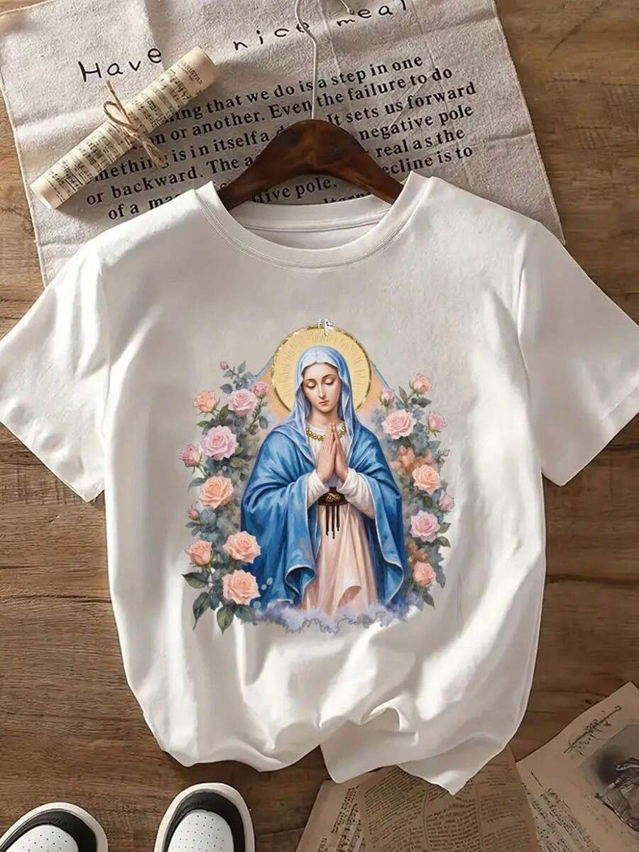 100% Cotton T-Shirt With Virgin Mary Print - Unisex Religious Clothing Suitable For Church, Pilgrimages And Everyday Wear - Casual Short Sleeve T-Shirt With Soft Crew Neck - H-Line Loose Fit For Men And Women - 220gsm Machine Washable - 白色 - 查看 1