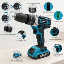 HIPPCRON 21V Cordless Impact Drill Set, 50N.M Torque, 25+3 Torque Settings, 3/8" Keyless Chuck, LED Light, Fast Charging Battery + 24 Accessories - Black - View 6