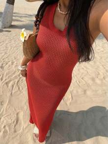 Nuevo bikini sexy, ropa de playa casual diaria, vestido de punto minimalista sin mangas para vacaciones, estilo casual elegante, textura de red, chica sexy estilo francés, estilo bohemio, vestido de suéter versátil y de alta gama para mujer - Rojo - Ver 3