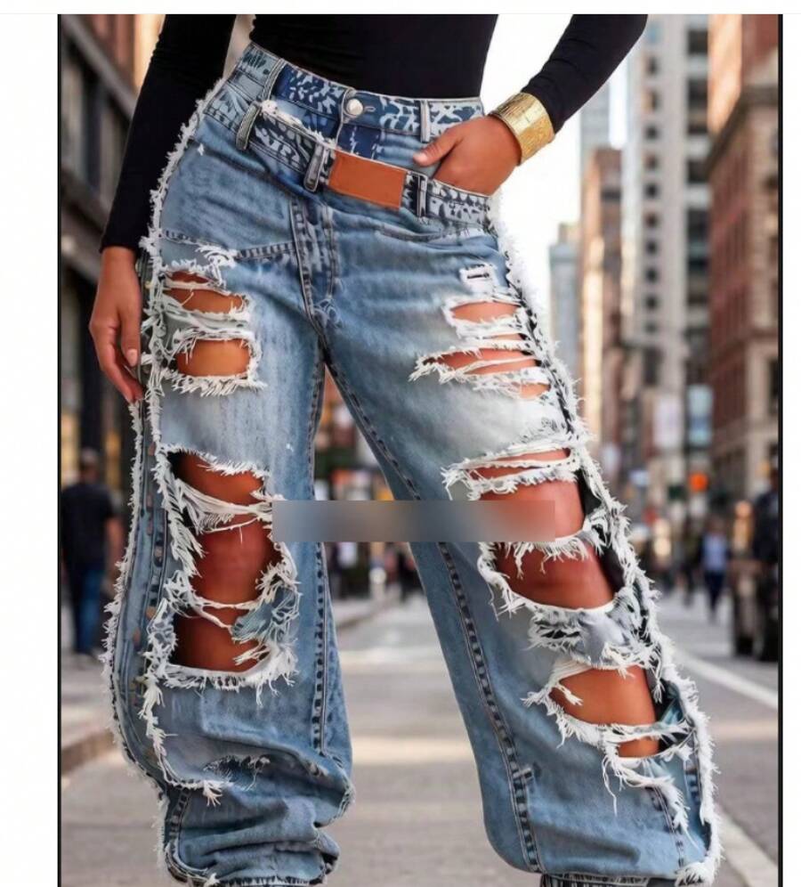 High-Waisted Ripped Jeans With Cuffed Hems, Stylish,  And Street-Style - MÀU XANH NHẠT - Xem 1