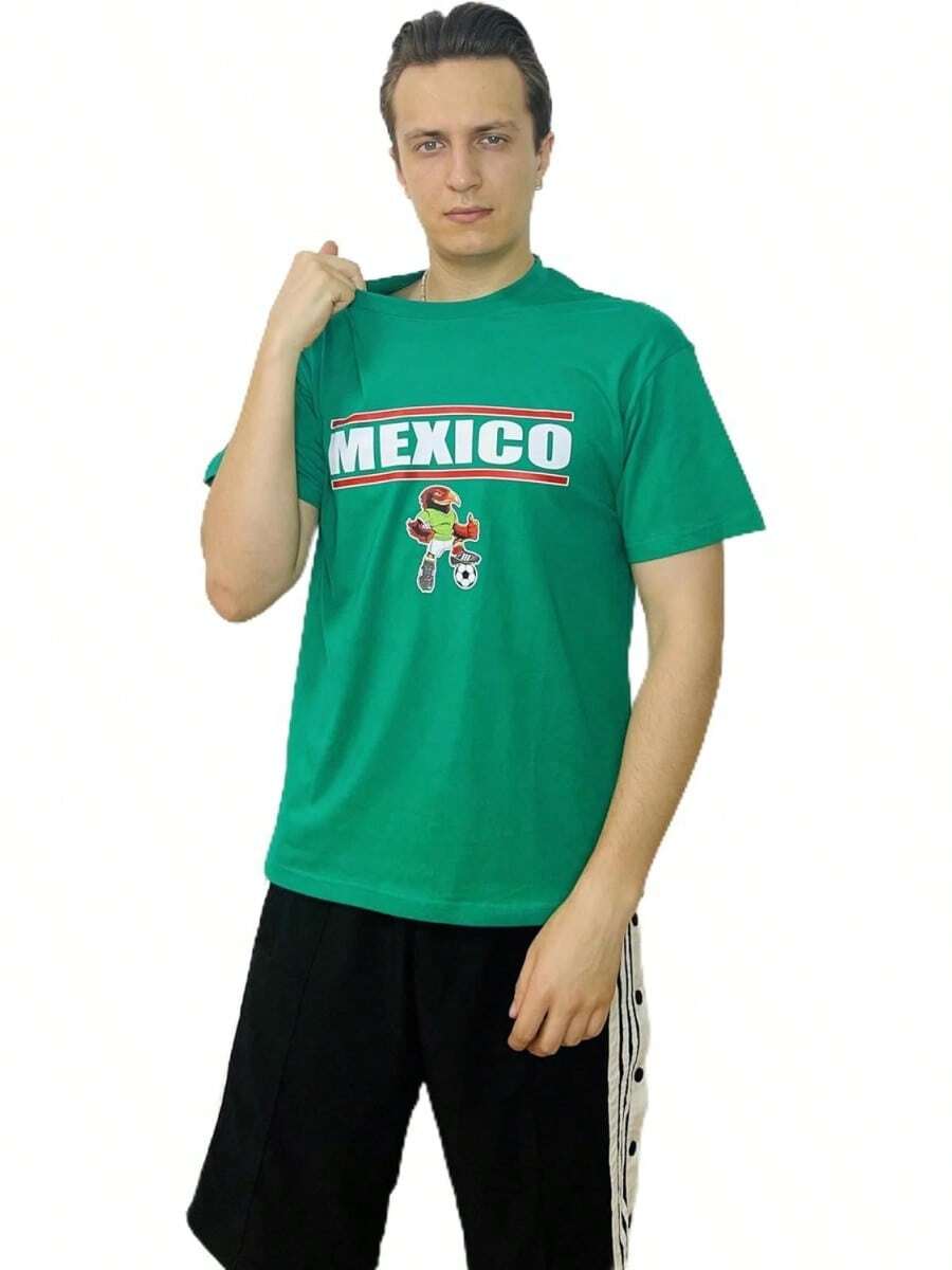 Camiseta de Manga Corta de algodón con águila Mexicana Estampada y gráficos de fútbol Mexicanoshort-sleeve T-shirt / short-sleeve tee - Verde - Ver 1