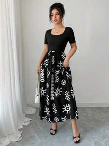 GGHKKssg Women's Summer Solid Color & Printed Patchwork Minimalist Casual Dress - Negro 3 - Ver 6