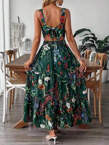 Vestido deslizante casual y elegante con diseño de cintura elástica, lazo de moño y estampado floral para vacaciones y uso diario de mujer - Verde Oscuro - Ver 2
