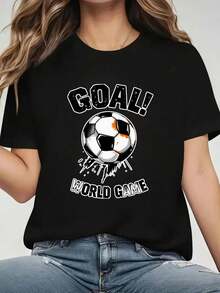 Camiseta de talla grande para mujer 2026 con divertidos estampados, Camiseta gráfica de fútbol para mujer - ¡GOAL Diseño Deportivo Mundial con Estampado de Balón de Fútbol - Camiseta de Cuello Redondo Suave y Transpirable - Camiseta Casual de Corte Holgado para Atletas Femeninas, Aficionadas al Fútbol y Ropa para Días de Partido - Ropa para Uso Diario y Días de Partido, Ropa de Fútbol, Ropa para Aficionados, Estética, Duradera, Material Cómodo, Camiseta de Manga Corta, Mujer, Adecuada para uso d - Negro - Ver 1