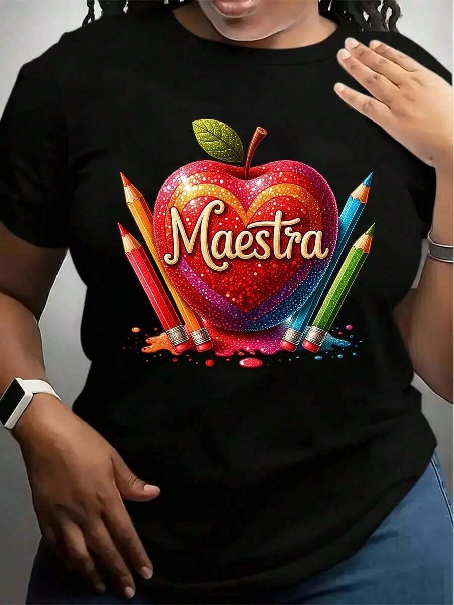 1 Piece Of White Women's T-Shirt With Apple And Colored Pencil Print - Perfect For Teachers And Educators, 180g 100% Cotton - 黑色 - 查看 1