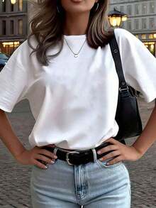 Camiseta de mujer de manga corta con cuello redondo y estampado de dibujos animados, en color blanco, camiseta gráfica, adecuada para looks de verano, otoño e invierno, color negro100% Cotton - Blanco 2 - Ver 2