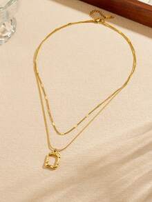 1pc Retro Style Stainless Steel Double Layered Stacked Chain Square Pendant Jewelry Necklace - Gold - View 4