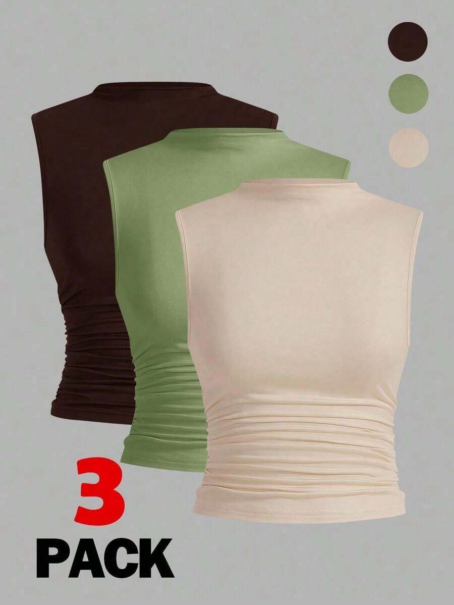3 piezas Tops sin mangas plisados, tops sin mangas casuales de cuello plano para mujer, gran valor en paquete de 3, para el verano - Multicolor - Ver 1
