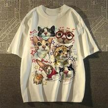 Camiseta de manga corta con estampado de gato de dibujos animados para mujer, camiseta holgada Retro americana, camisetas gráficas, ropa para mujer Y2K - Blanco - Ver 1
