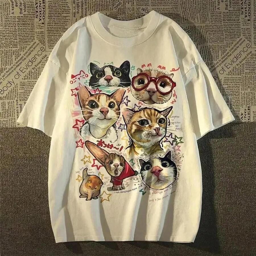 Camiseta de manga corta con estampado de gato de dibujos animados para mujer, camiseta holgada Retro americana, camisetas gráficas, ropa para mujer Y2K - Blanco - Ver 1