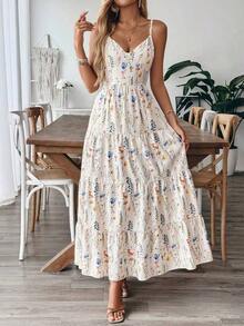 xheBreezaya Nuevo vestido vintage con estampado floral, multicapa, patchwork y lazo lindo para mujer, ideal para cumpleaños y bodasxhe - Albaricoque - Ver 4