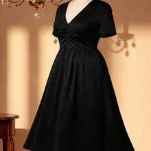 Rometta Elegant Casual V-Neck Pleated Design Short Sleeve Knit Plus Size Women Dress, New Arrival - Azul Marino - Ver 3