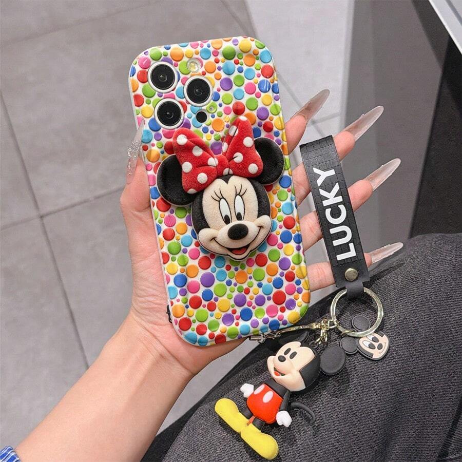 Disney Mickey Mouse Clubhouse Phone Case : 3D Fluffy Pattern Border Protector Phone Soft Phone Case With A Free Cute Mickey Bracelet Chain Lanyard, Mickey, Minnie, Goofy, Donald Duck, Daisy Duck, Pluto, For Apple 17 Promax 17 Pro 16 15 14 13 12 11 Pro Max XS Max X XR Soft Cover Summer Phone Case - White - View 1