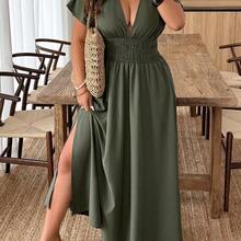 Clasi Plus Size Women Deep V-Neck Solid Short Sleeve Ruched Waist Sexy Vacation Dress - Marrón - Ver 2