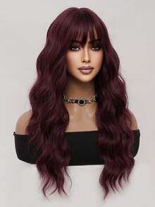 XOUJE 26 Inch Burgundy Long Wavy Wig With Bangs - Plum Red Heat Resistant Synthetic Machine Made Natural Hair For Women's Daily Wear, Cosplay & Party - Redwood - View 13