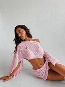 Conjunto de 2 piezas de mujer para primavera/verano con textura de jacquard, blusa tipo chal y minifalda de estilo envolvente, ropa de playa/resort para mujer - Rosa Pálido - Ver 6