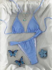 Bộ đồ bơi hai mảnh gợi cảm tối giản dành cho nữ, bikini buộc dây cổ in họa tiết sọc, thích hợp cho bãi biển, kỳ nghỉ, hẹn hò, bộ sưu tập mới mùa xuân/hè. - sọc dọc màu xanh và trắng - Xem 6