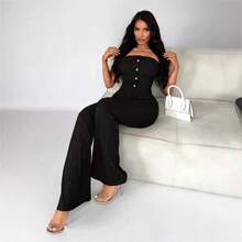 2026 Verano Conjunto 2 Piezas Mujer, Top Tubo Elástico con Decoración de Botones y Pantalones Pierna Acampanada - verde oscuro - Ver 3