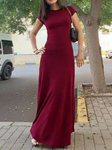 Vestido ajustado de cintura sólido para vacaciones y viajes casuales de verano para mujer - Burdeos - Ver 2