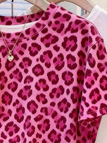 Camiseta casual de mujer de cuello redondo y manga corta con estampado digital de leopardo, regalo para amigos - Multicolor 2 - Ver 3