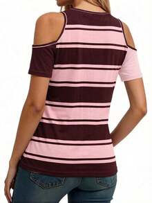 Blusa de manga corta con hombros descubiertos, diseño de cuello en forma de corazón, estampado de rayas y parches de unicolor, apropiada para primavera/verano, uso casual y laboral - Rosa - Ver 2