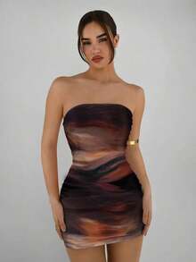 Vestido casual, elegante y sexy de estampado abstracto marrón café, tipo bandeau y ajustado, apropiado para el verano, vacaciones y fiestas - Multicolor 3 - Ver 1