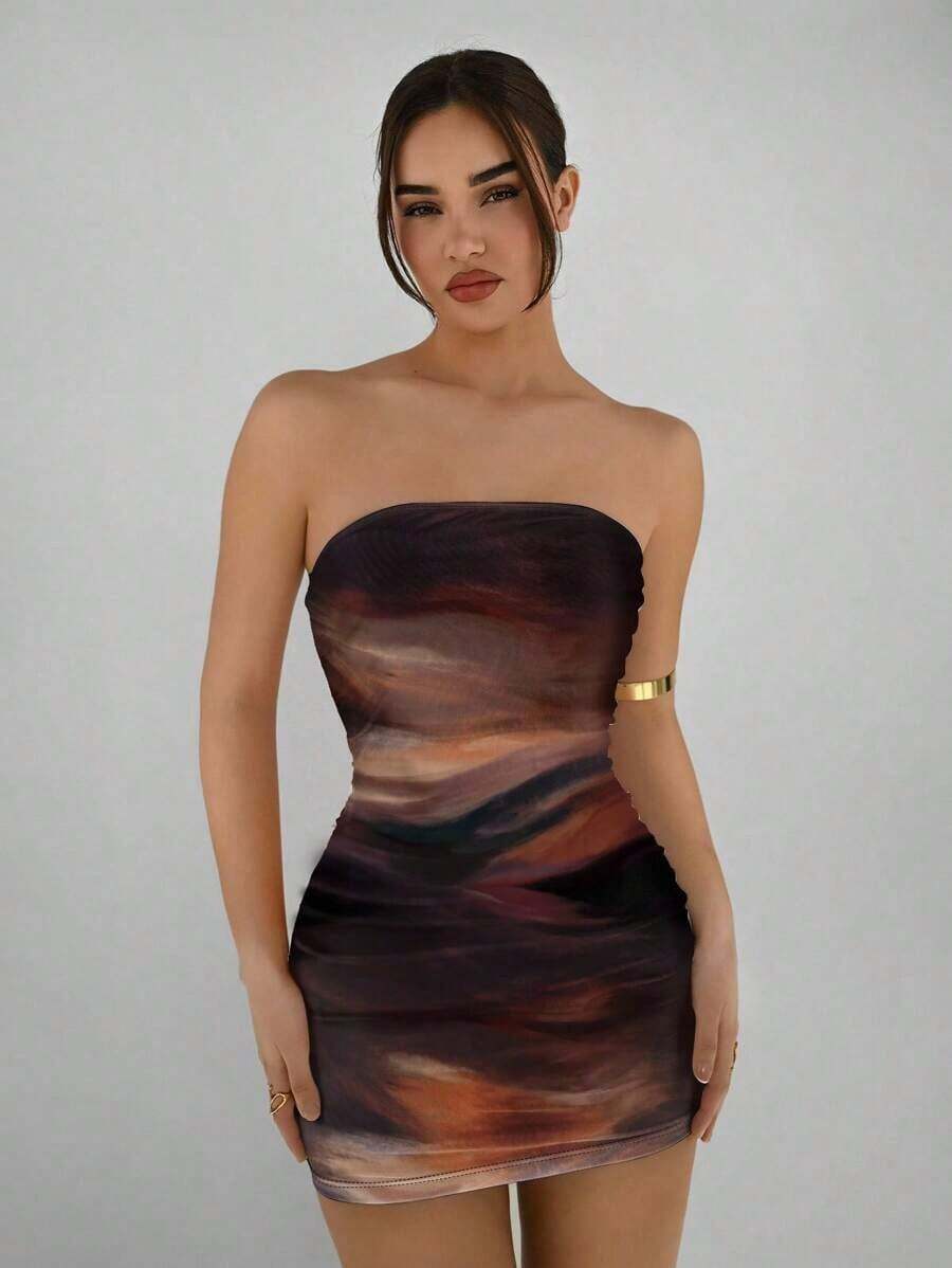 Vestido casual, elegante y sexy de estampado abstracto marrón café, tipo bandeau y ajustado, apropiado para el verano, vacaciones y fiestas - Multicolor 3 - Ver 1