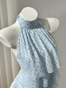 Blusa elegante sin mangas con cuello de tortuga, volantes y lunares para el verano - Azul - Ver 4