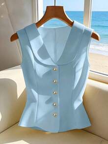 Blusa sin mangas amarilla elegante, top de verano elegante y estilizador para mujeres - Azul - Ver 7