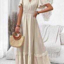 V-Neck Ruffle Sleeve Solid Color Vacation Style Spring/Summer Dress Maxi Women Outfit - Color caoba - Ver 2