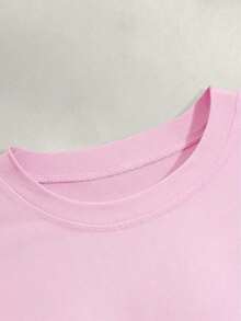 Camiseta casual y de moda para mujer con efecto de parche de mezclilla, estampado a rayas y de cerezas digitales, cuello redondo - Rosa Pálido - Ver 5