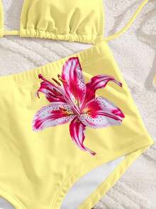 Traje de baño con estampado floral de moda: Top de bikini tipo camiseta con estampado de loto negro + Bottom de traje de baño de talle alto - Conjunto de traje de baño elegante y cómodo para vacaciones de verano, playa y uso en resort en color rojo - Amarillo claro - Ver 6