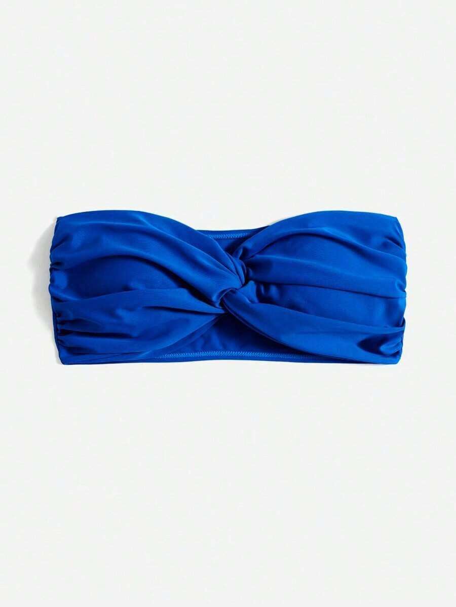Top de bikini bandeau de un solo color con efecto retorcido - azul real - Ver 1