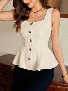 Blusa de mujer vintage, elegante y clásica, con cierre de botones metálicos con forma de flor, blusa sin mangas blanca, para primavera/verano - Albaricoque - Ver 1