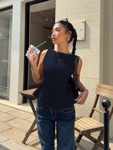 Blusa de línea A sin espalda con diseño de mariposa, nueva para el verano para mujeres - Azul marino - Ver 5