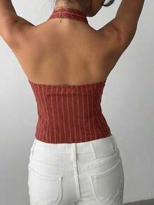 delgado de mujer de algodón con rayas, cuello alto y abotonadura sencilla, para otoño/invierno - Marrón - Ver 2