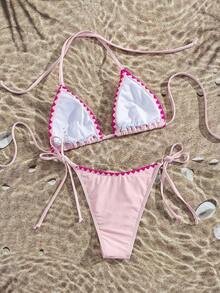Bikini de mujer de unicolor con escote halter y lazos, estilo sexy, minimalista y elegante para playa, vacaciones, viajes y fiestas, nueva colección primavera/verano - Capullos de color rosa claro y rojo rosado. - Ver 3