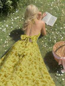 Vestido de verano con estampado floral elegante y lazo en la cintura para mujer - amarillo ganso - Ver 7