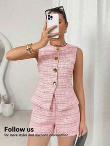 Conjunto de 2 piezas para mujer: Chaleco de metal de un solo pecho y shorts para el verano - Rosa - Ver 10