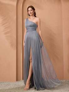 Vestido largo de gasa con cuello asimétrico, busto drapeado, cintura hueca y abertura alta en A, vestido de dama de honor para boda en primavera - Púrpura polvoriento - Ver 4