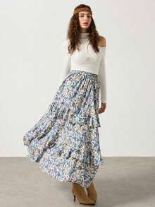 Falda con cintura elástica, volantes y estampado de paisley, estilo de vacaciones de verano para mujer - Azul - Ver 2