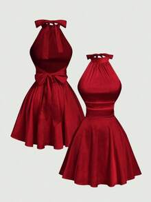 MOD Vestido mini con espalda descubierta, lazo y estampado floral abstracto fluido - Burdeos - Ver 6