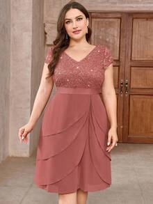 Plus Size Sequin Lace V-Neck Contrast Color Ruffle Trim Chiffon Hem Cocktail Dress, Wedding Guest Dress, Homecoming Dance Elegant Summer - Dusty Pink - View 7