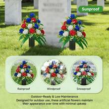 Memorial Day Cemetery Flower Bouquet, Red White Blue Artificial Flowers, Patriotic Cemetery Decor, Suitable For Veterans, Outdoor Realistic Flower Bouquet For Gravestone Vase, Wind-Resistant Memorial Flower Bouquet (Vase Not Included) - Multicolor - View 3