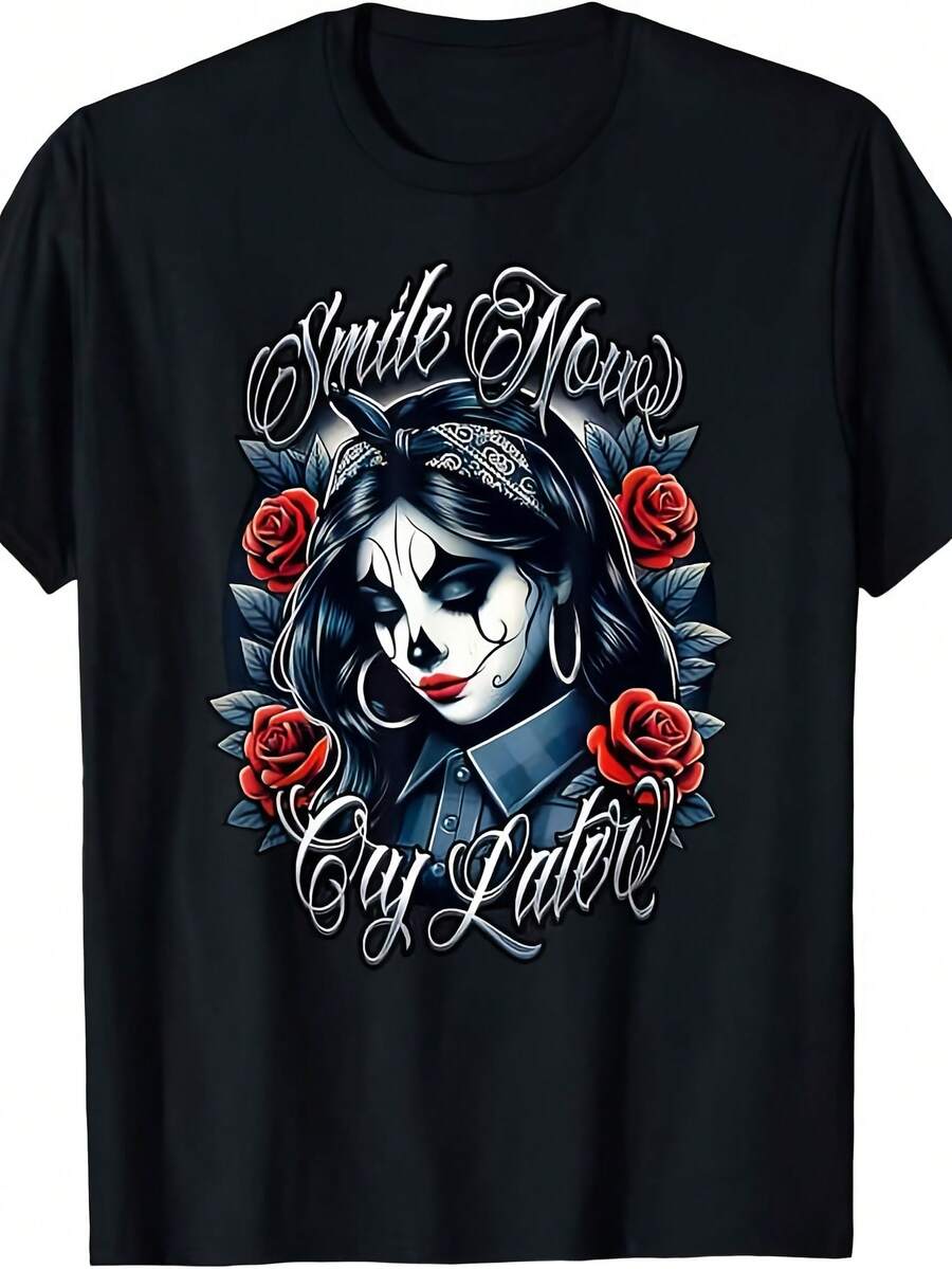 Smile Now, Cry Later - Latina Clown Tattoo Design T-Shirt - Mexican Folk Art With Skull, Catrina, Sugar Skull Design And Spanish Text - Unisex Black T-Shirt For Men And Women, Day Of The Dead Party Outfit - 黑色 - 查看 1