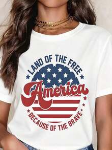 PremiumFashion Camiseta Casual de Corte Holgado con Cuello Redondo y Manga Corta para Mujer, con Estampado Gráfico de la Bandera Patriótica "América, Tierra de la Libertad Gracias a los Valientes", Ideal para Celebrar el Día de la Independencia y Uso Diario. - Blanco - Ver 7