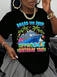 Women's Crew Neck T-Shirt With A Palm Tree, Dolphin, And Seagull Print. This Festival-Themed Cruise Graphic Design Is Casual And Fashionable, Soft And Comfortable, And Perfect For Vacations, Celebrations, Parties, Or As A Gift. Breathable And Comfortable. - 黑色 - 查看 7