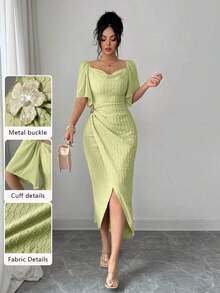 Vestido elegante ajustado con cuello de volantes, mangas de pétalos y hebilla metálica de bloque de color para mujer, primavera/verano - Verde pastel - Ver 1
