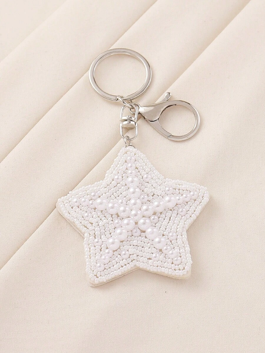 1 pieza Llavero de estrella de mar con cuentas de perlas y conchas marinas hecho a mano, estilo bohemio, adecuado para mujeres, playa, vacaciones, uso casual. La forma hecha a mano puede variar ligeramente. - estrella de mar - Ver 1