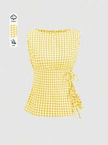 Camisa sin mangas con cuello redondo de estilo universitario retro y a cuadros, con diseño sexy para mujer.Nueva blusa de verano con cordones, ajuste ceñido y delicado estilo femenino y dulce - Amarillo - Ver 2